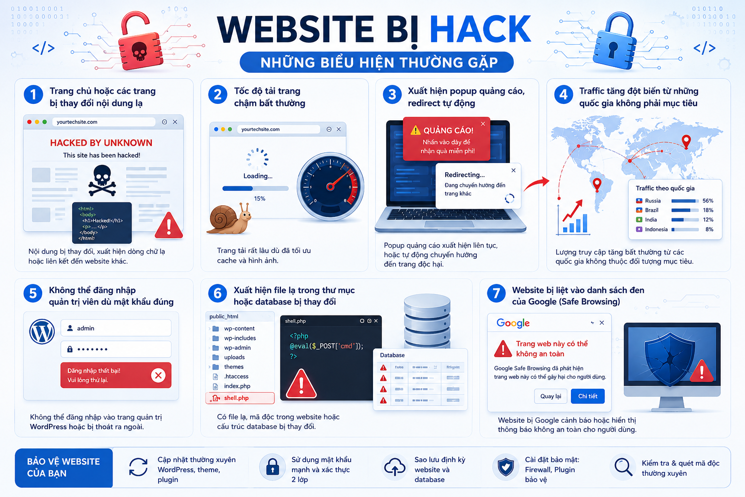 Biểu hiện thường gặp của website bị hack