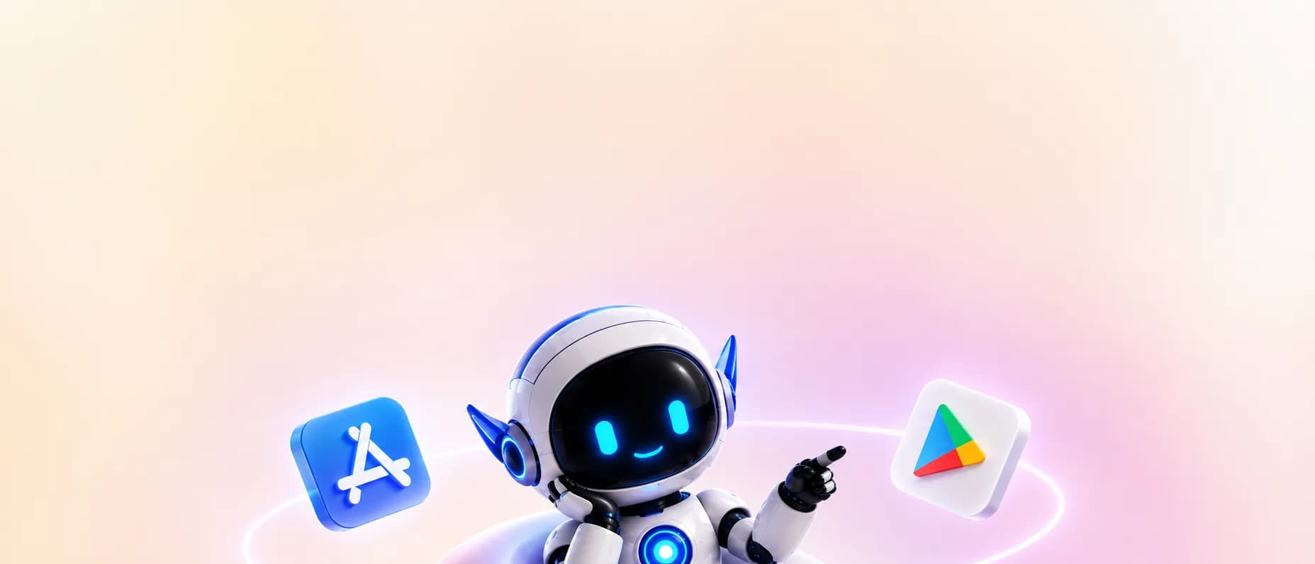 Robot LilyTech cùng biểu tượng App Store và Google Play