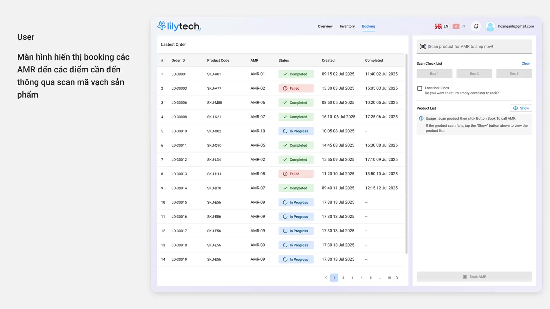 Màn hình booking robot AMR đến điểm cần đến